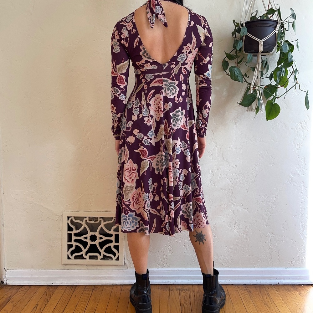 ZARA Wine Floral Jersey Dress with Open Back & Tie Mock Neck - SMALL